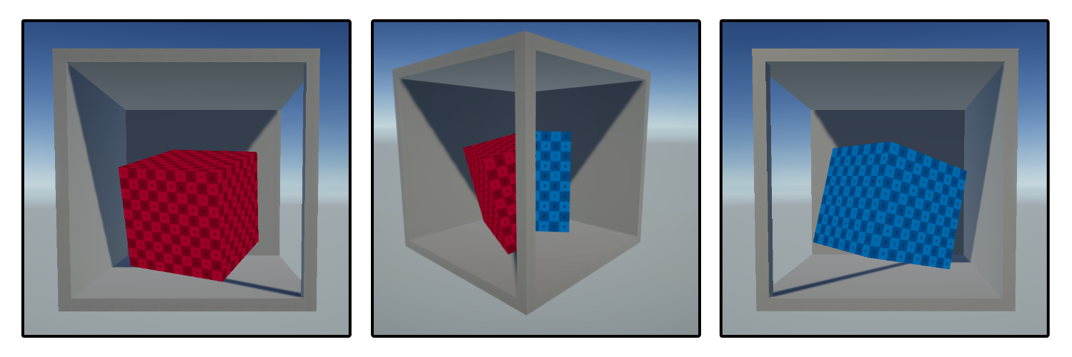 Three camera angles captures around an 'impossible' environment. A red cube can only be seen when viewed from the left, while a blue cube can only be seen when viewed from the right.