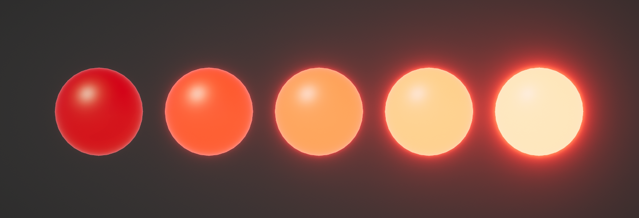 Five red spheres, with an increasing amount of emissive light emanating from each as you go from left to right.