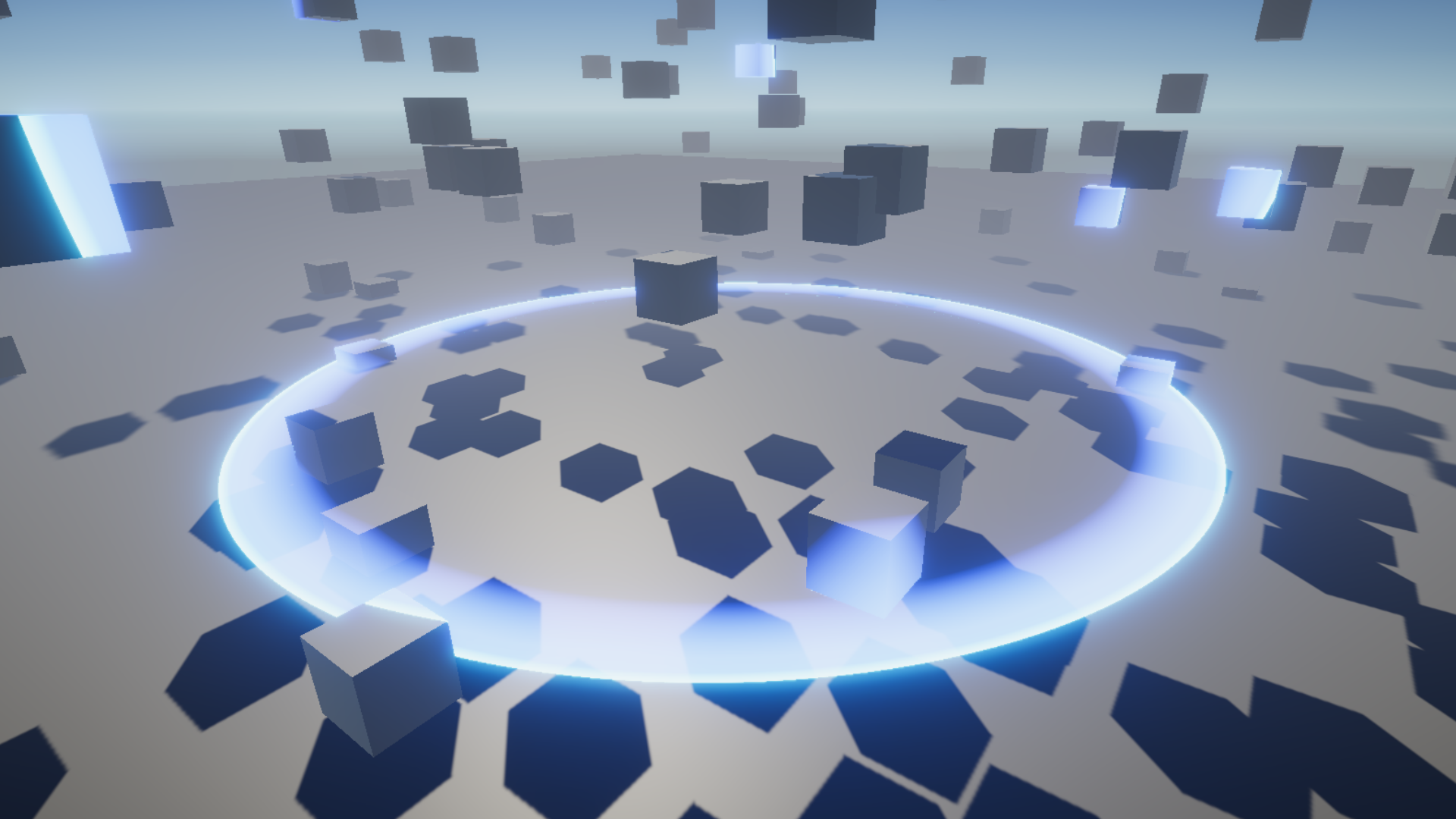 A blue scan effect starting in the air above the floor that has increased in radius, such that the floor and several airborne cubes glow partially blue.
